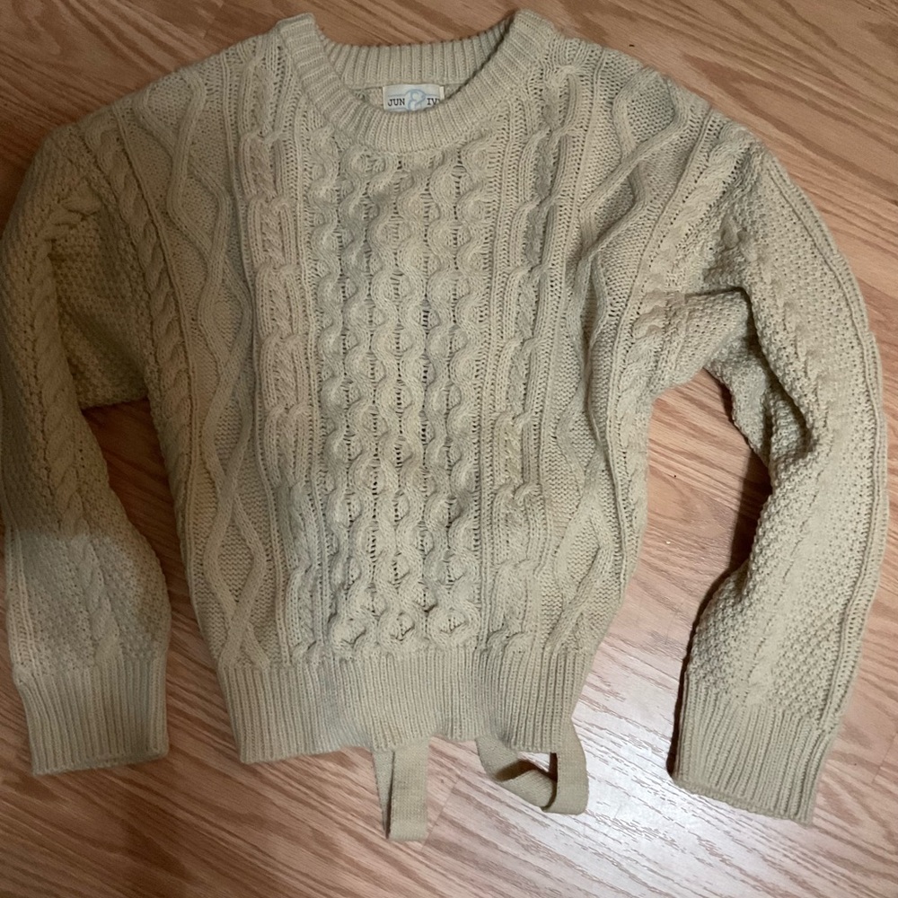 Jun & Ivy Women's Cable Knit Sweater - Cream lace up open back S June and ivy
